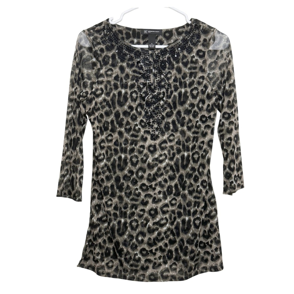 INC Leopard Print Mesh Top Beaded Women Petite S Green Black 3/4 Sleeve Y2K